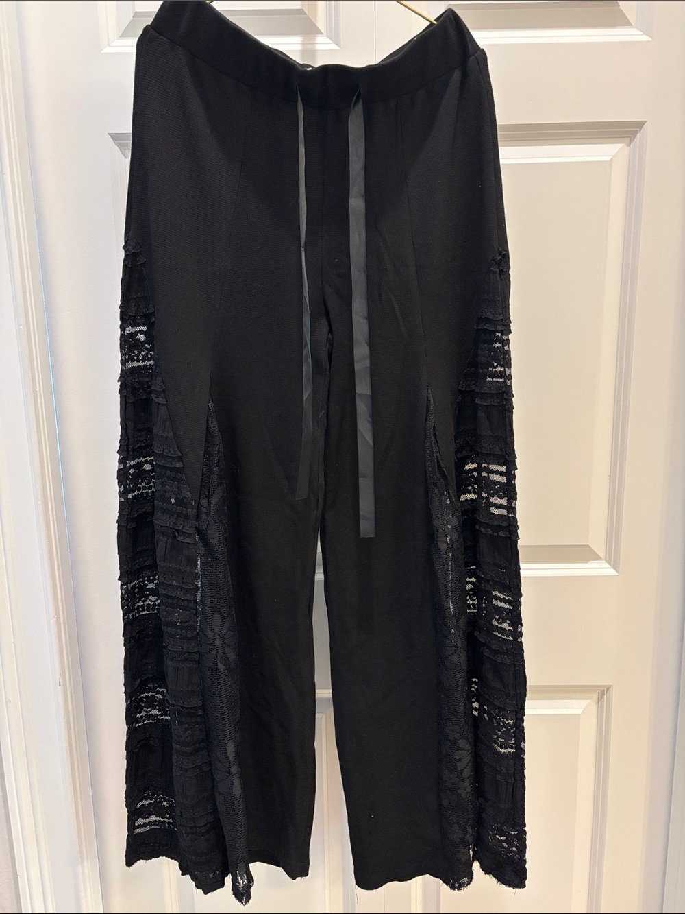 POL Black Lace Panel knit Wide-Leg Pants